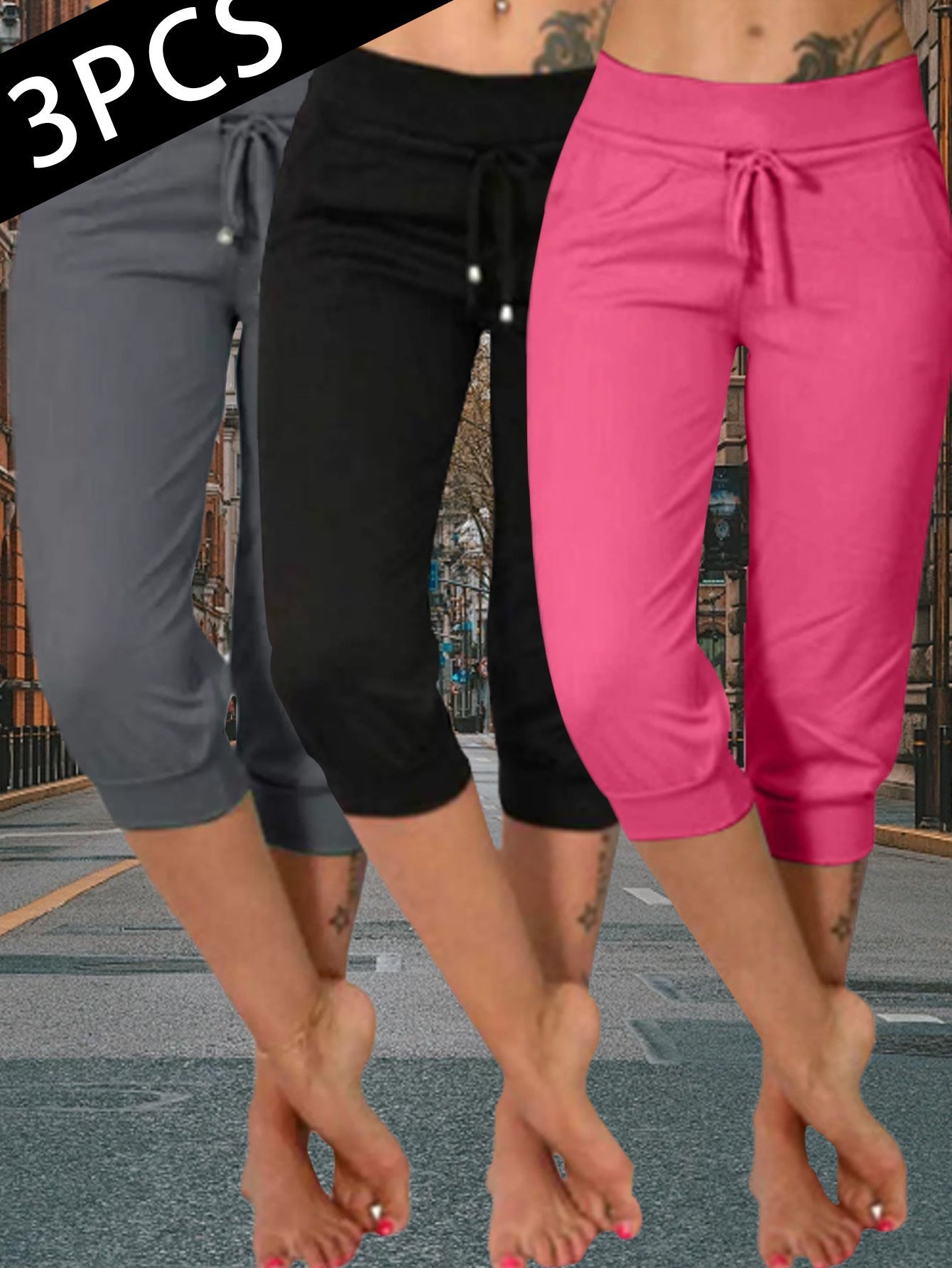 Women's Black+navy+grey Knit High-Waist Slim-Fit Pants - product view 13