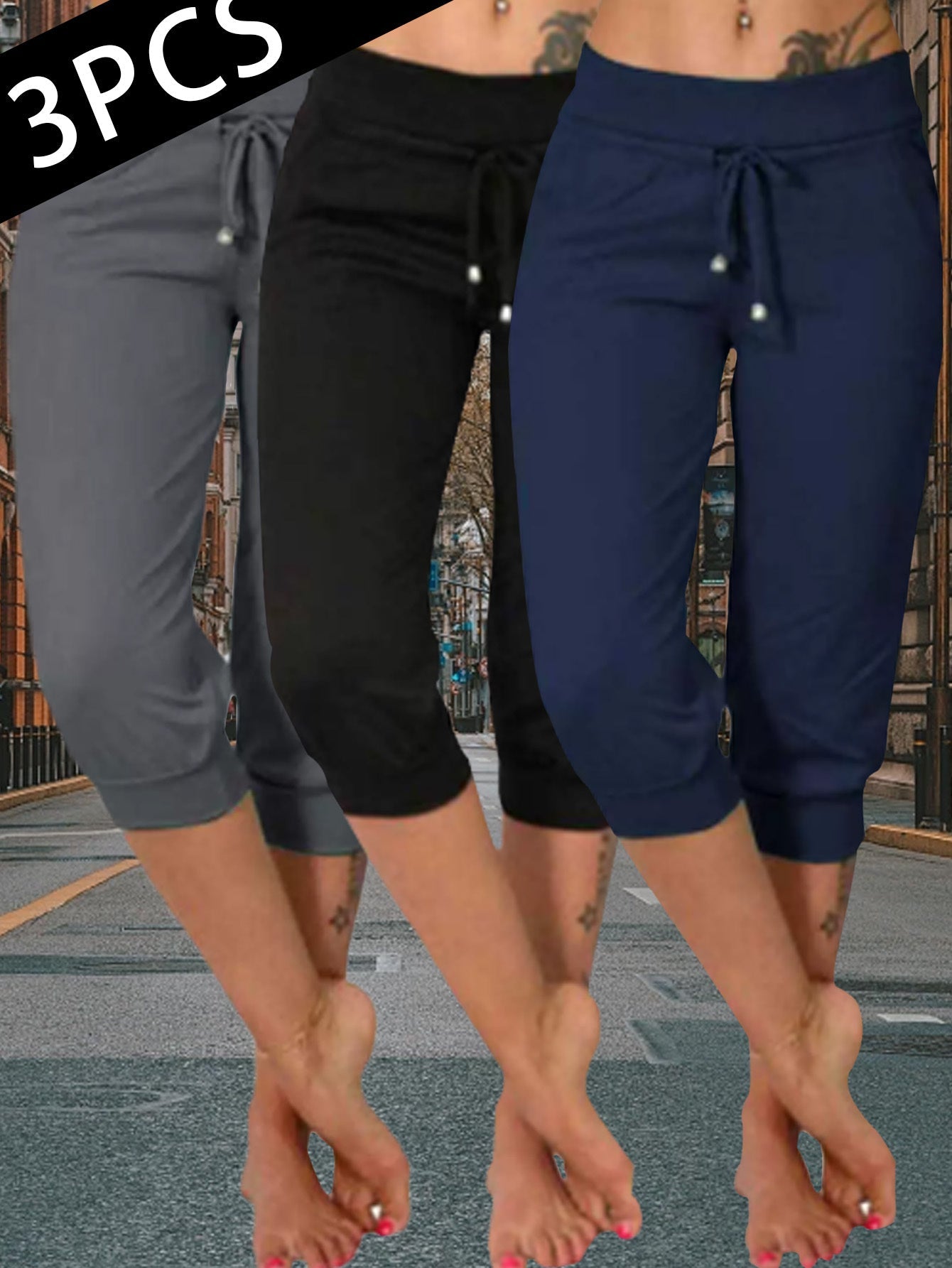 Women's Black+navy+grey Knit High-Waist Slim-Fit Pants - product view 7