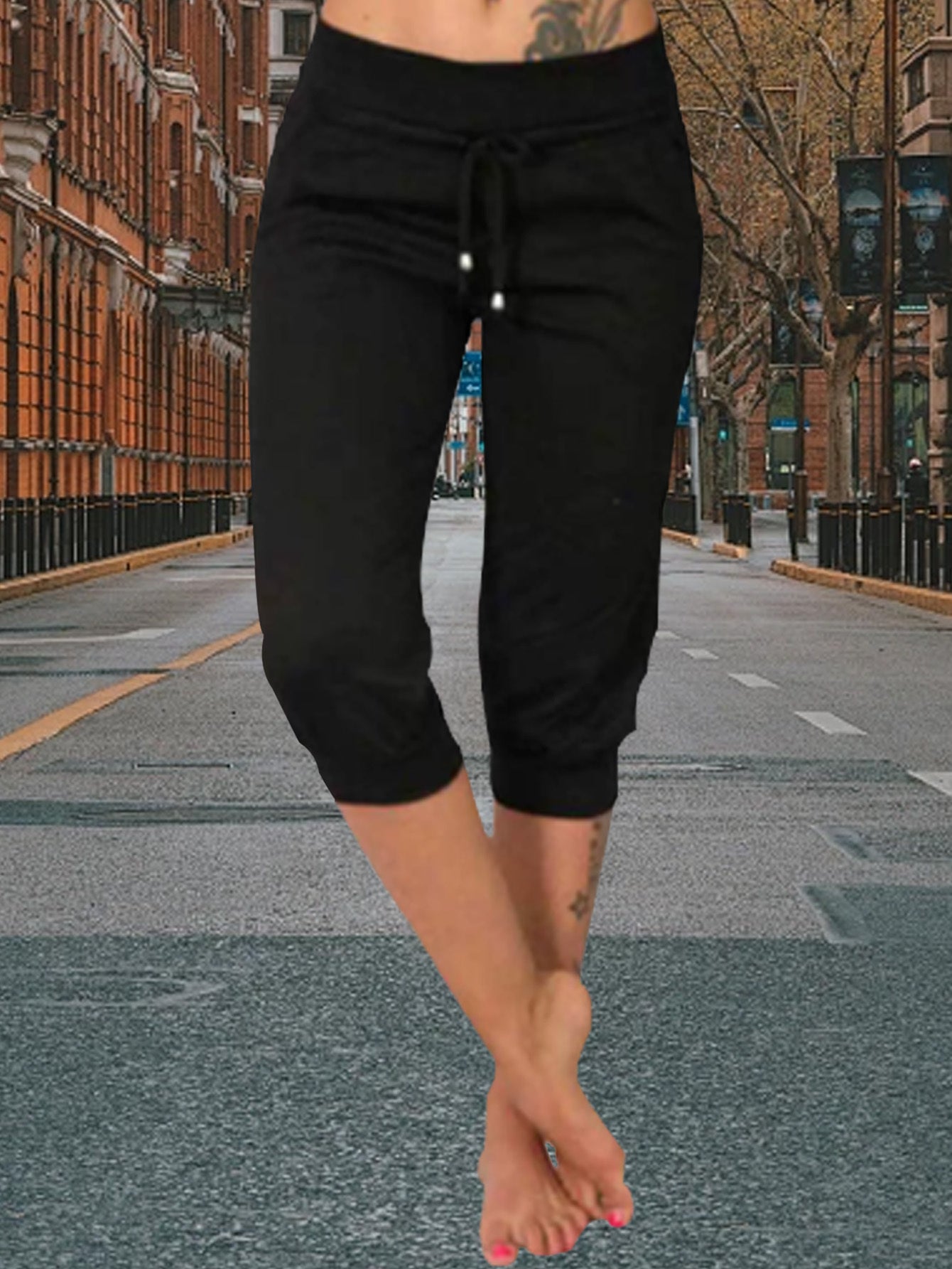 Women's Black+navy+grey Knit High-Waist Slim-Fit Pants - product view 3