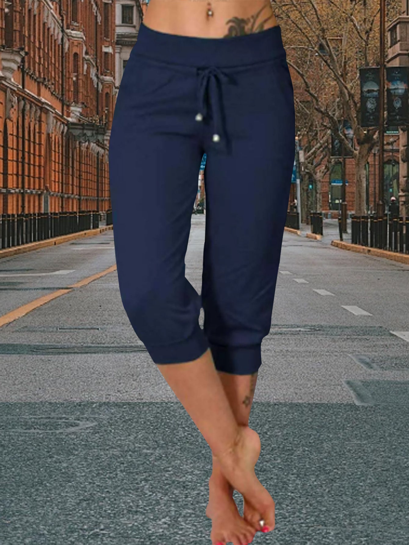 Women's Black+navy+grey Knit High-Waist Slim-Fit Pants - product view 8