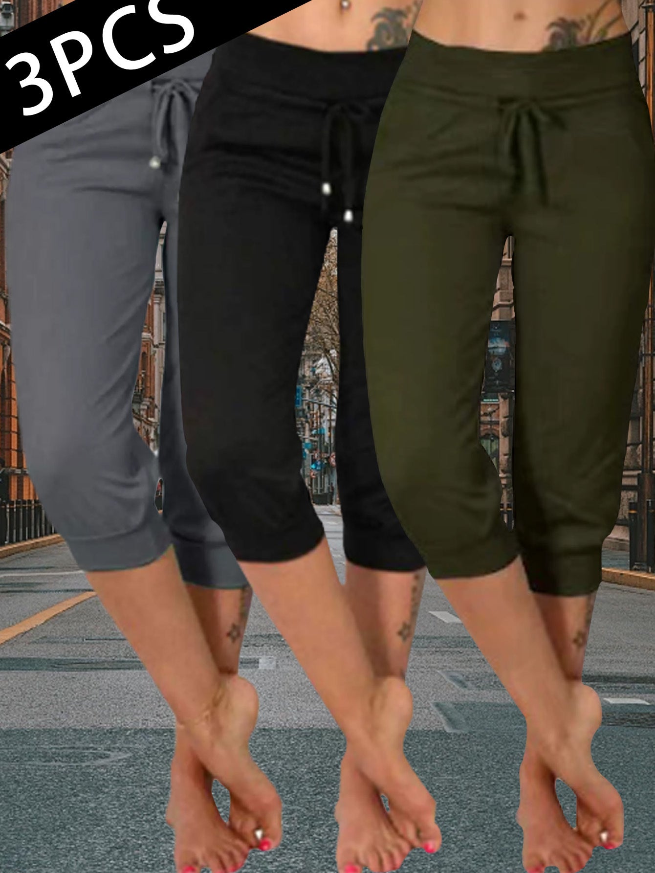 Women's Black+navy+grey Knit High-Waist Slim-Fit Pants - product view 1