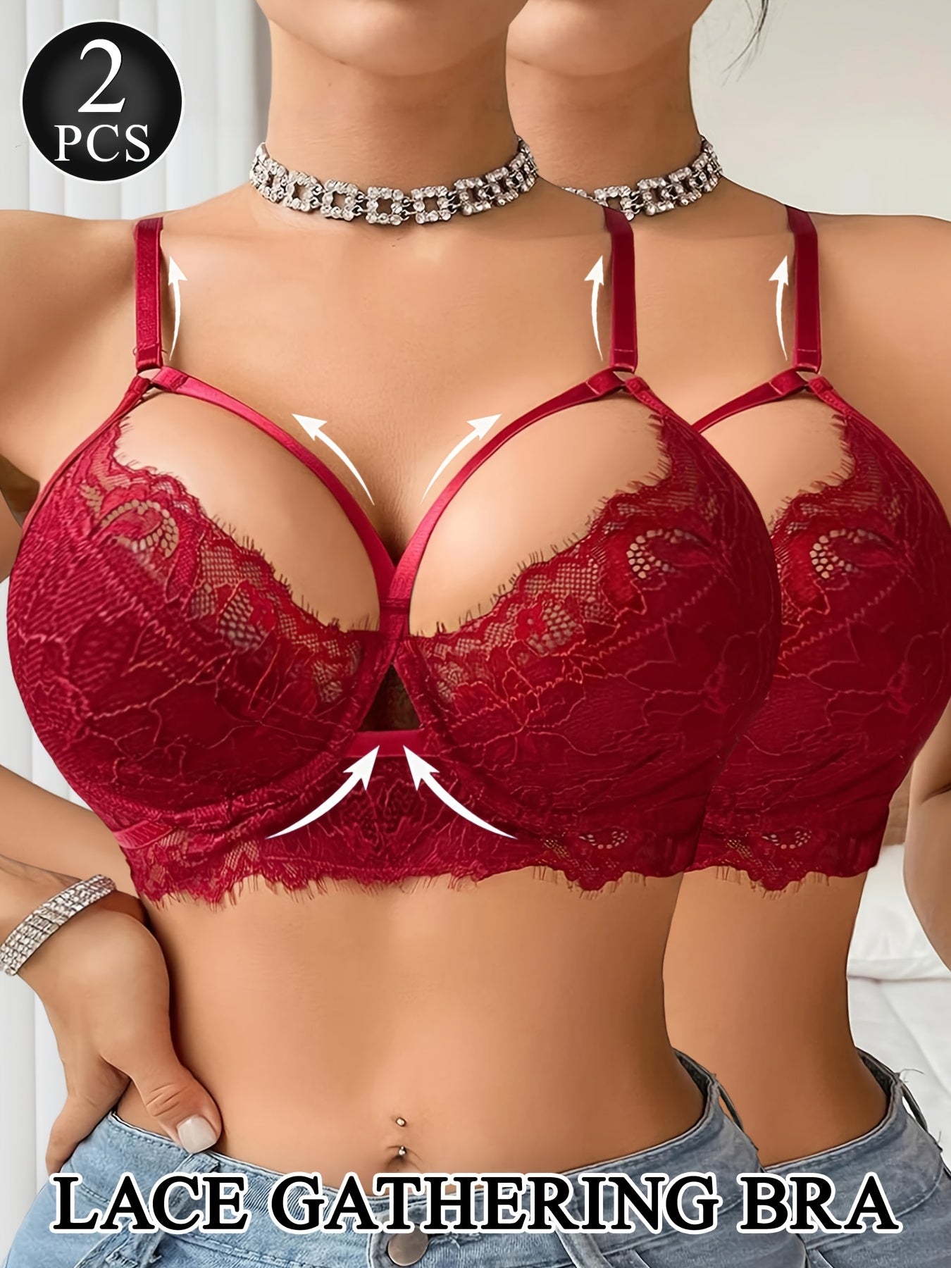 Women's Black+red Lace Bra - product view 14