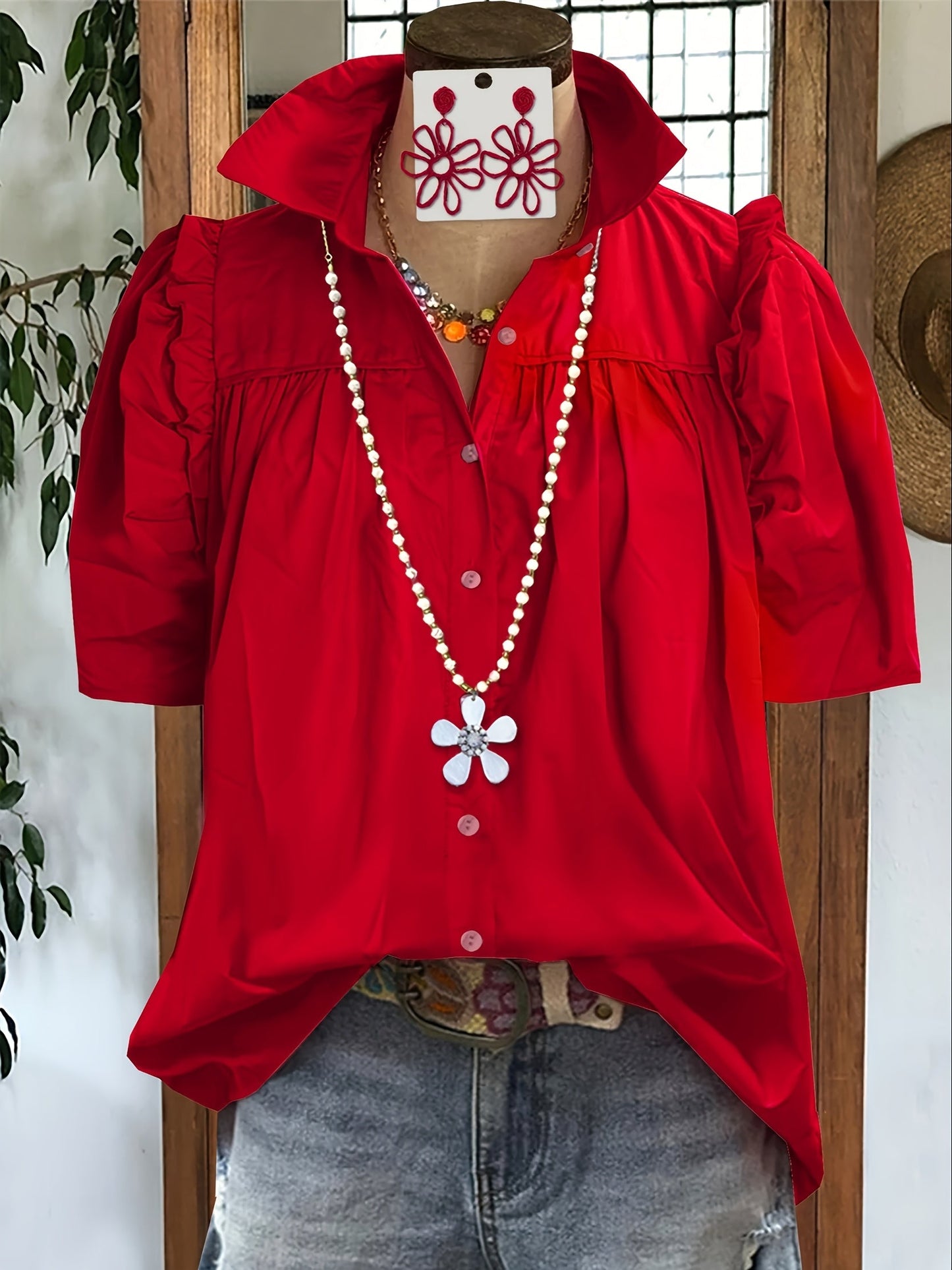 Women's Red Lace Ruffle V-Neck Shirt - product view 2
