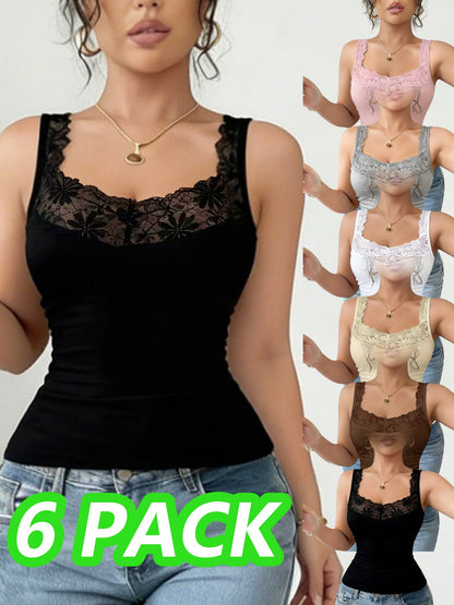 Women's Lace Detail Camisole - 6-Pack Classic Neck Sleeveless
