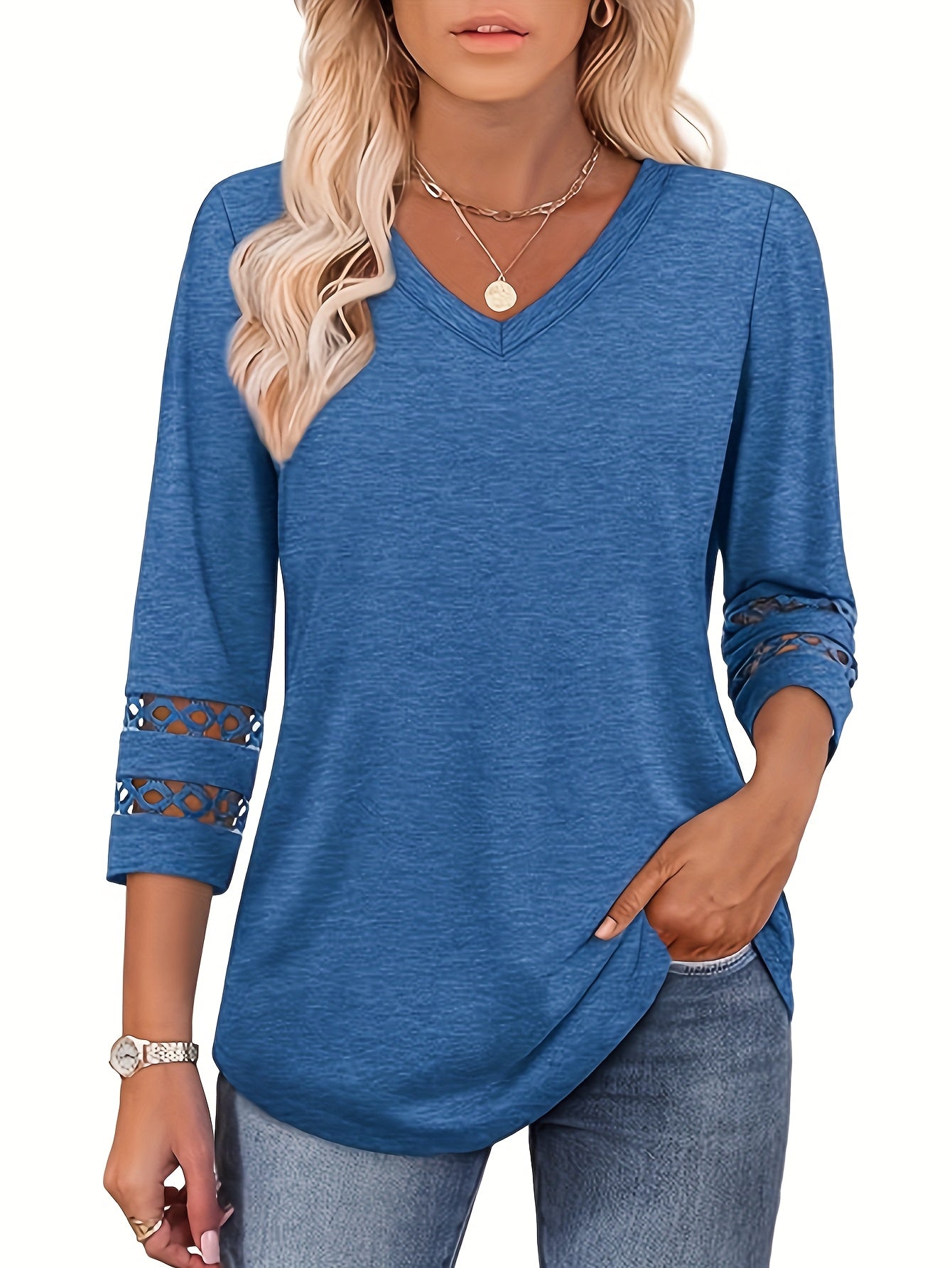 Women's Lace Detail T-Shirt - V-Neck Three-Quarter Sleeve detail image