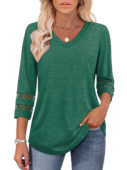 Women's Lace Detail T-Shirt - V-Neck Three-Quarter Sleeve detail image - detail view 3