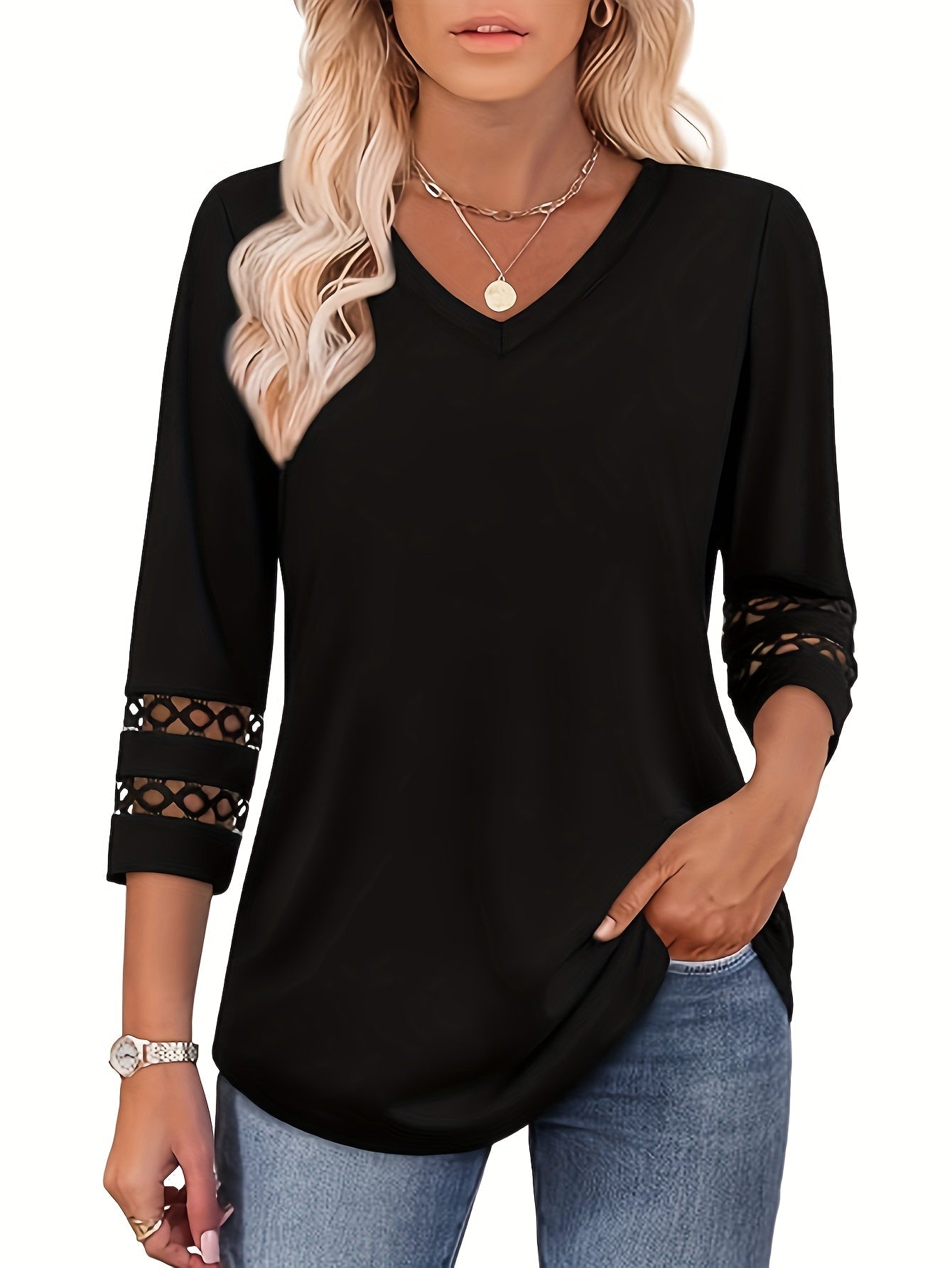 Women's Lace Detail T-Shirt - V-Neck Three-Quarter Sleeve detail image - detail view 5