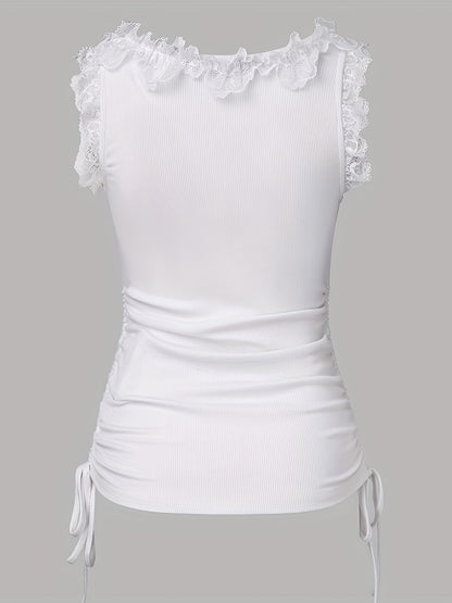 Women's Lace Detail Tank Top - Crew Neck Sleeveless detail image - detail view 4