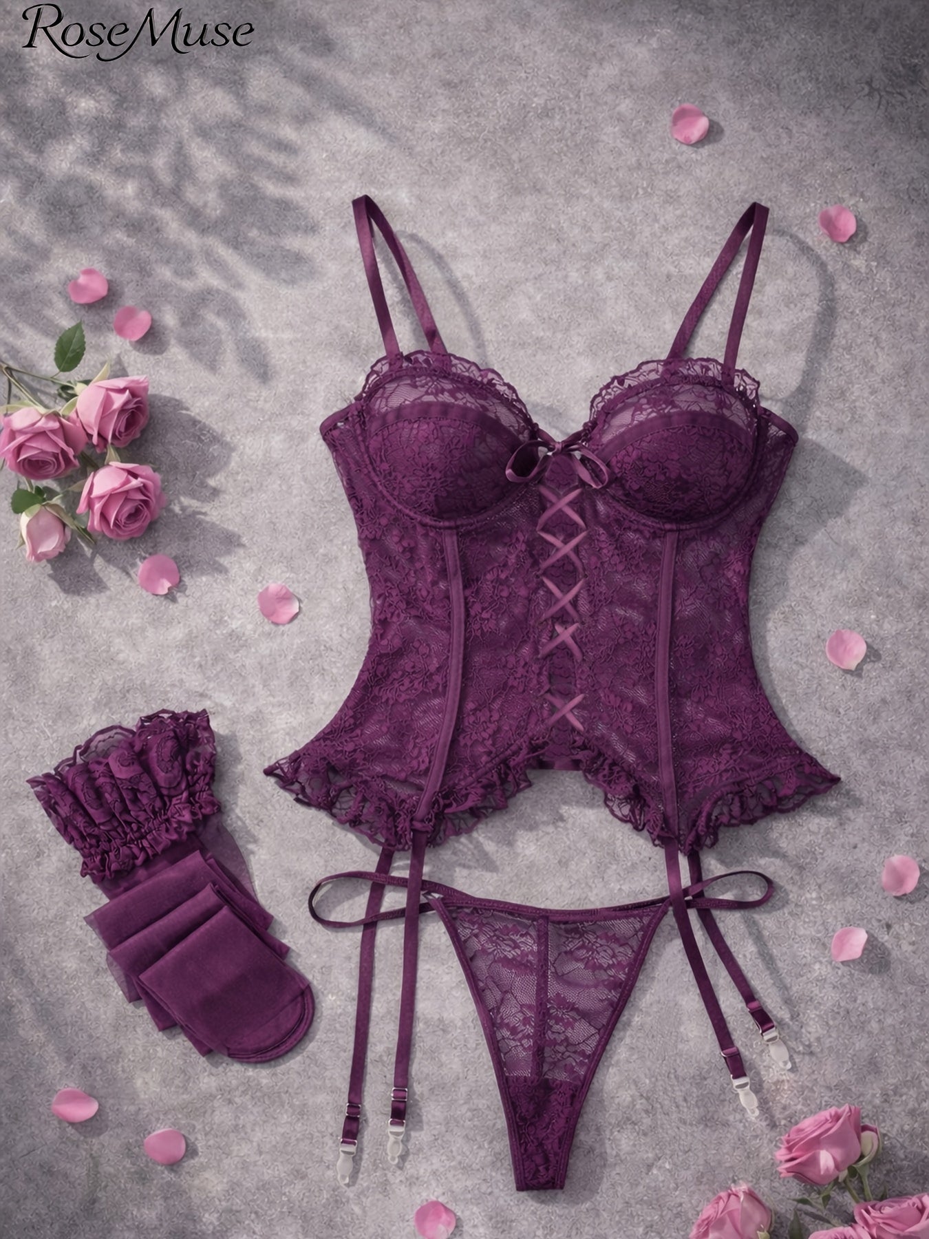 Women's Red Lace Floral Outfit Set - product view 25