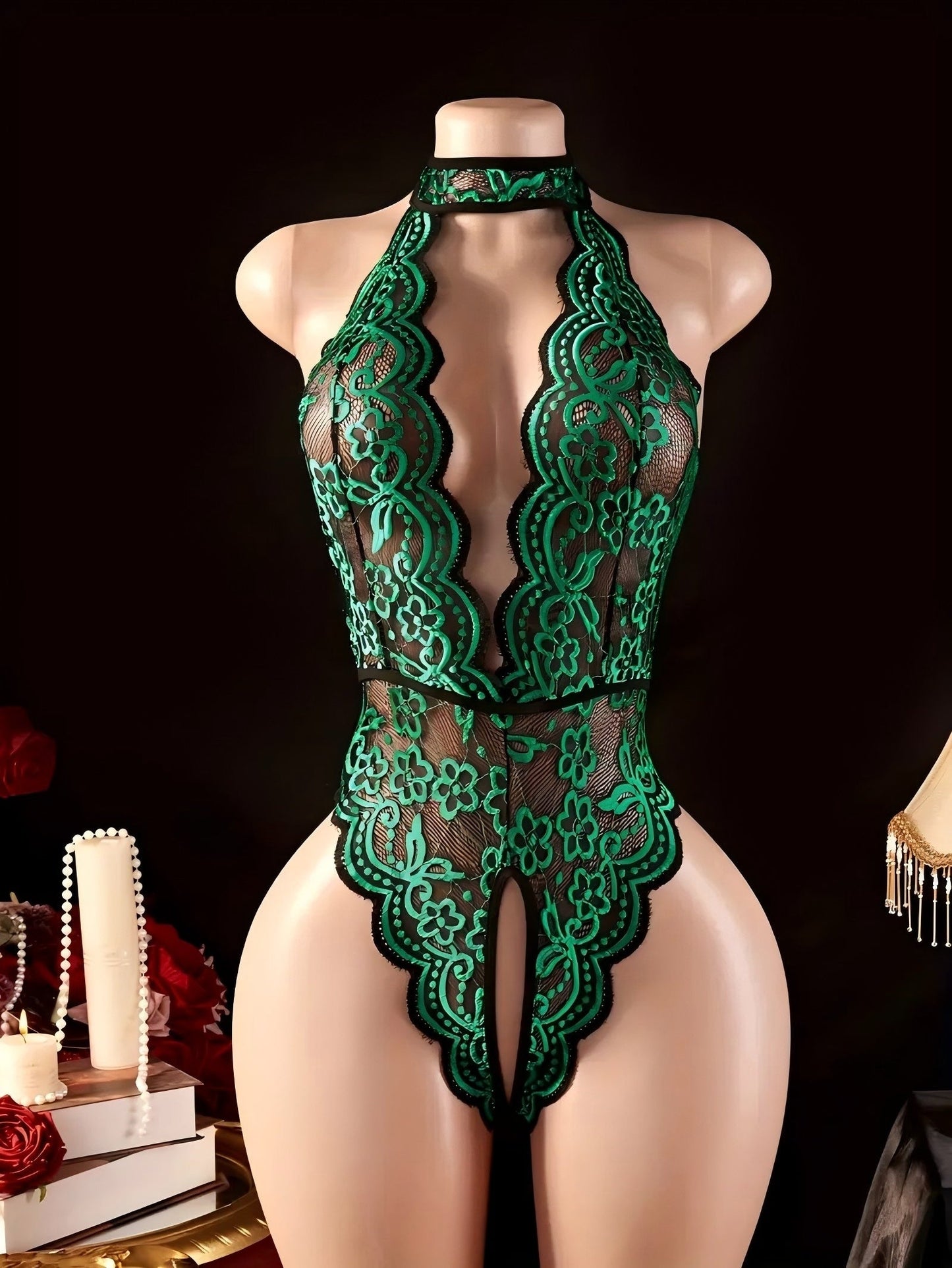 Halter Neck Lace Contrast Color Sexy Lingerie Women's Sexy Clothing Crotchless - product view 11
