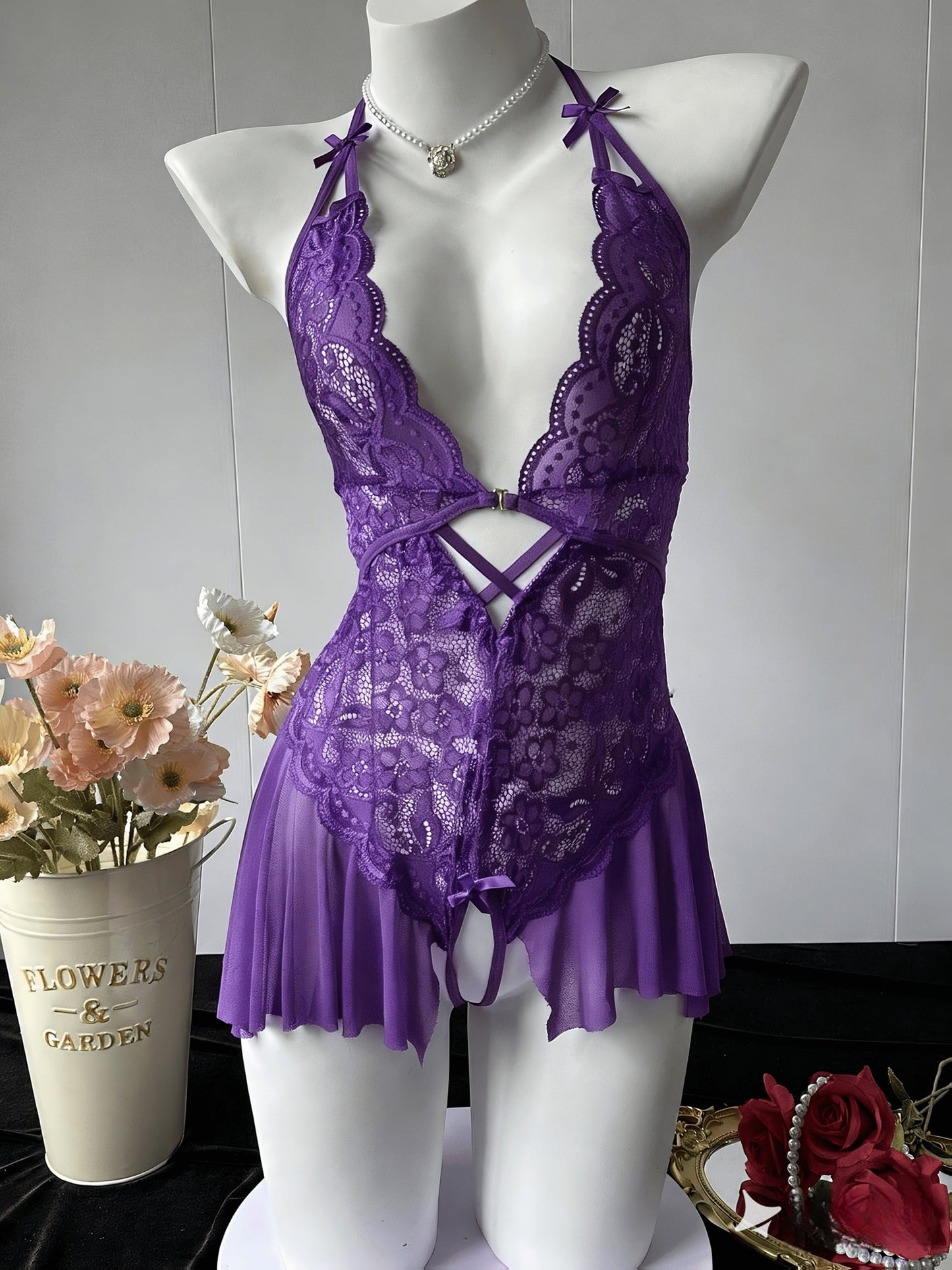 Women's Lace Lingerie Bodysuit - Deep-V Open-Back Lace Design 67749