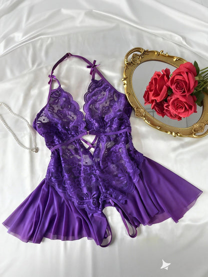 Women's Lace Lingerie Bodysuit - Deep-V Open-Back Lace Design 67749