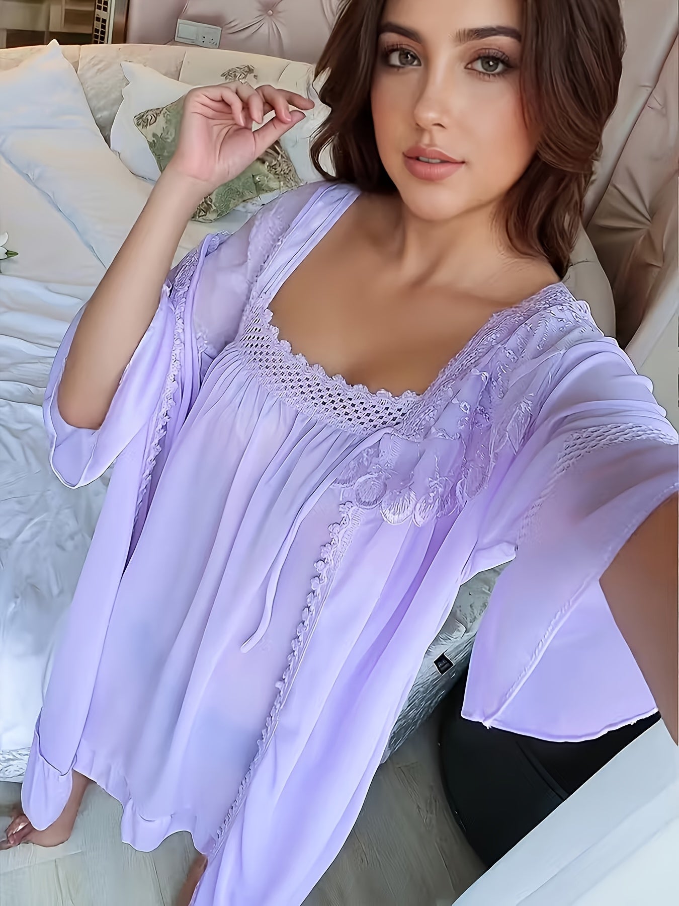 Women's Lace Pajama Set - Lace Comfort, Violet