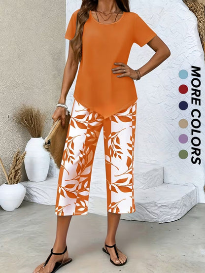 Women's Leaf Print 2-Piece Outfit Set - Short Sleeve Top and Wide-Leg Pants
