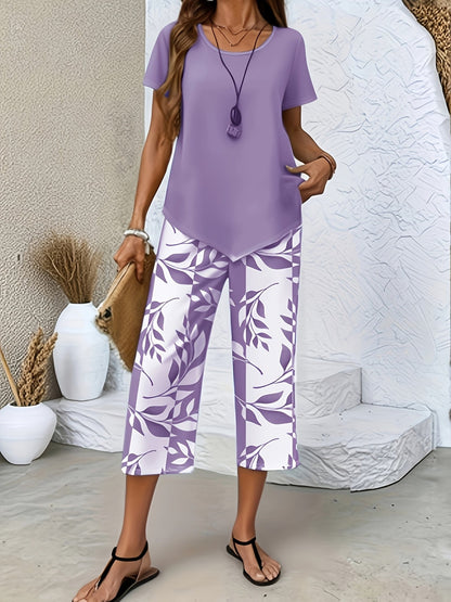 Women's Leaf Print 2-Piece Outfit Set - Short Sleeve Top and Wide-Leg Pants
