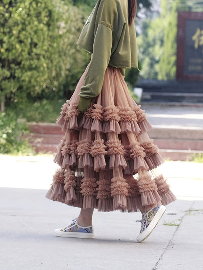 Women's Maxi A-Line Skirt - Solid Color Tulle Layer detail image - detail view 6