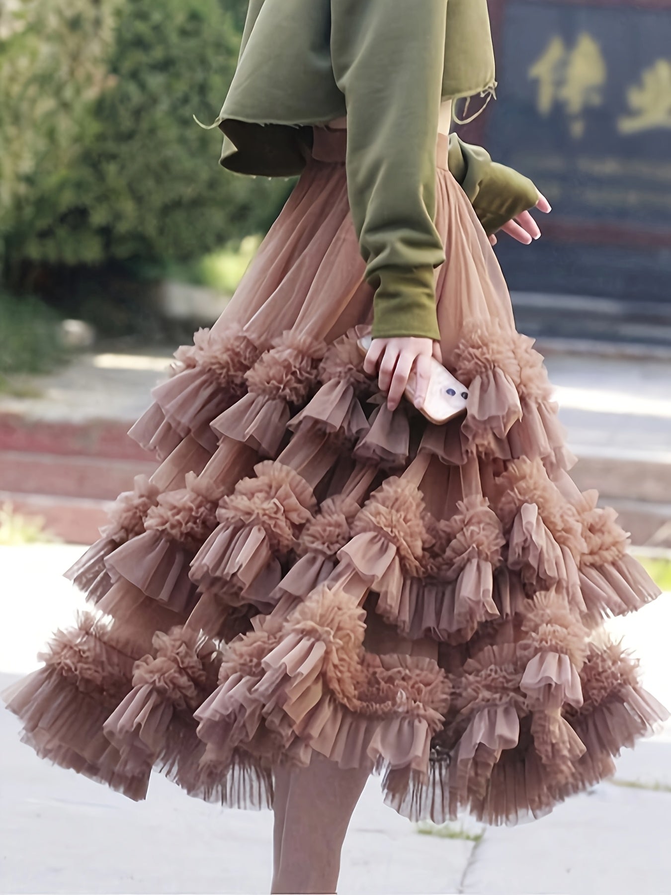 Women's Maxi A-Line Skirt - Solid Color Tulle Layer detail image - detail view 8