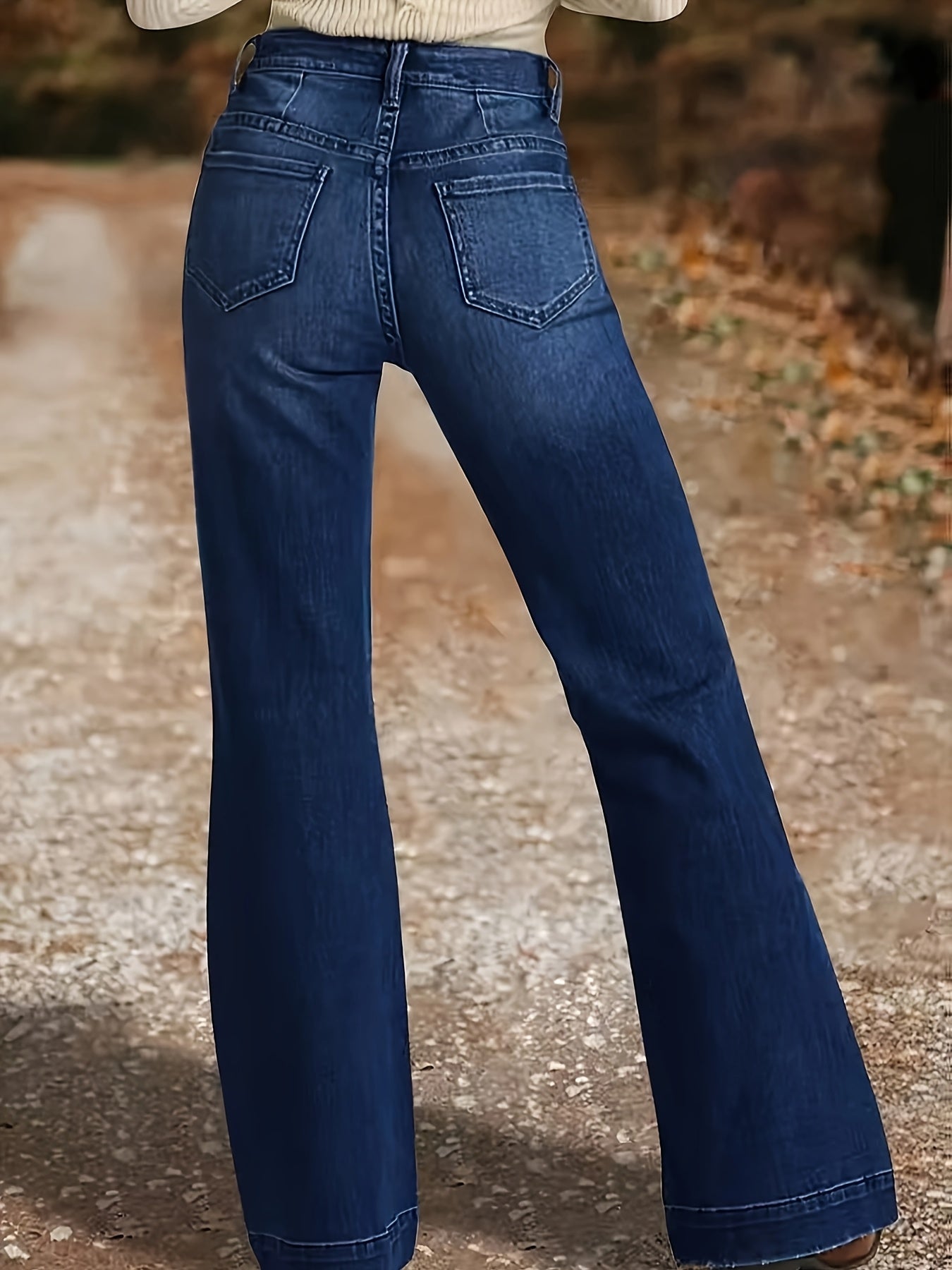Women's Mid-Rise Flare Jeans - Dark Blue Button Detail Stretch detail image - detail view 3