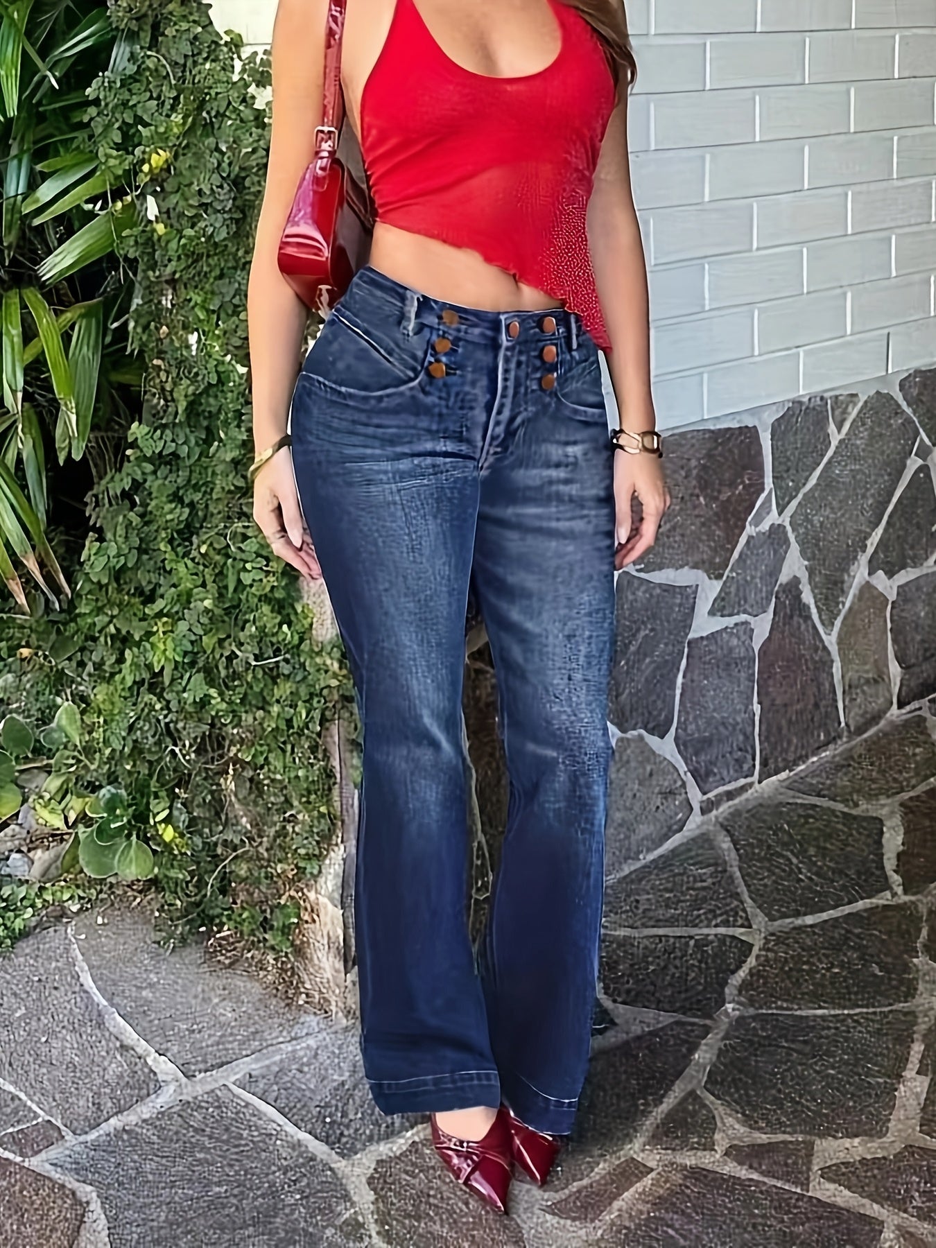 Women's Mid-Rise Flare Jeans - Dark Blue Button Detail Stretch detail image - detail view 6