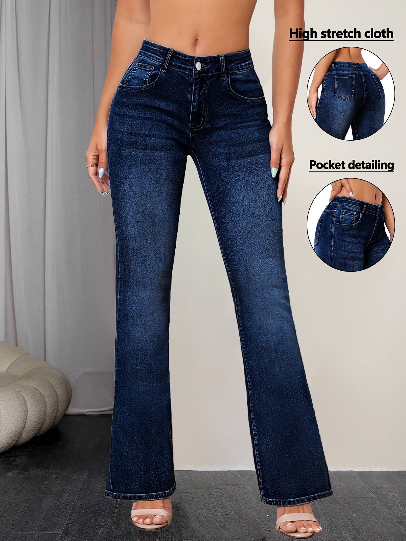 Women's Mid-Rise Flare Jeans - Medium Blue Distressed Stretch detail image