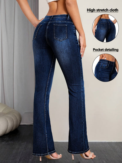Women's Mid-Rise Flare Jeans - Medium Blue Distressed Stretch detail image - detail view 3