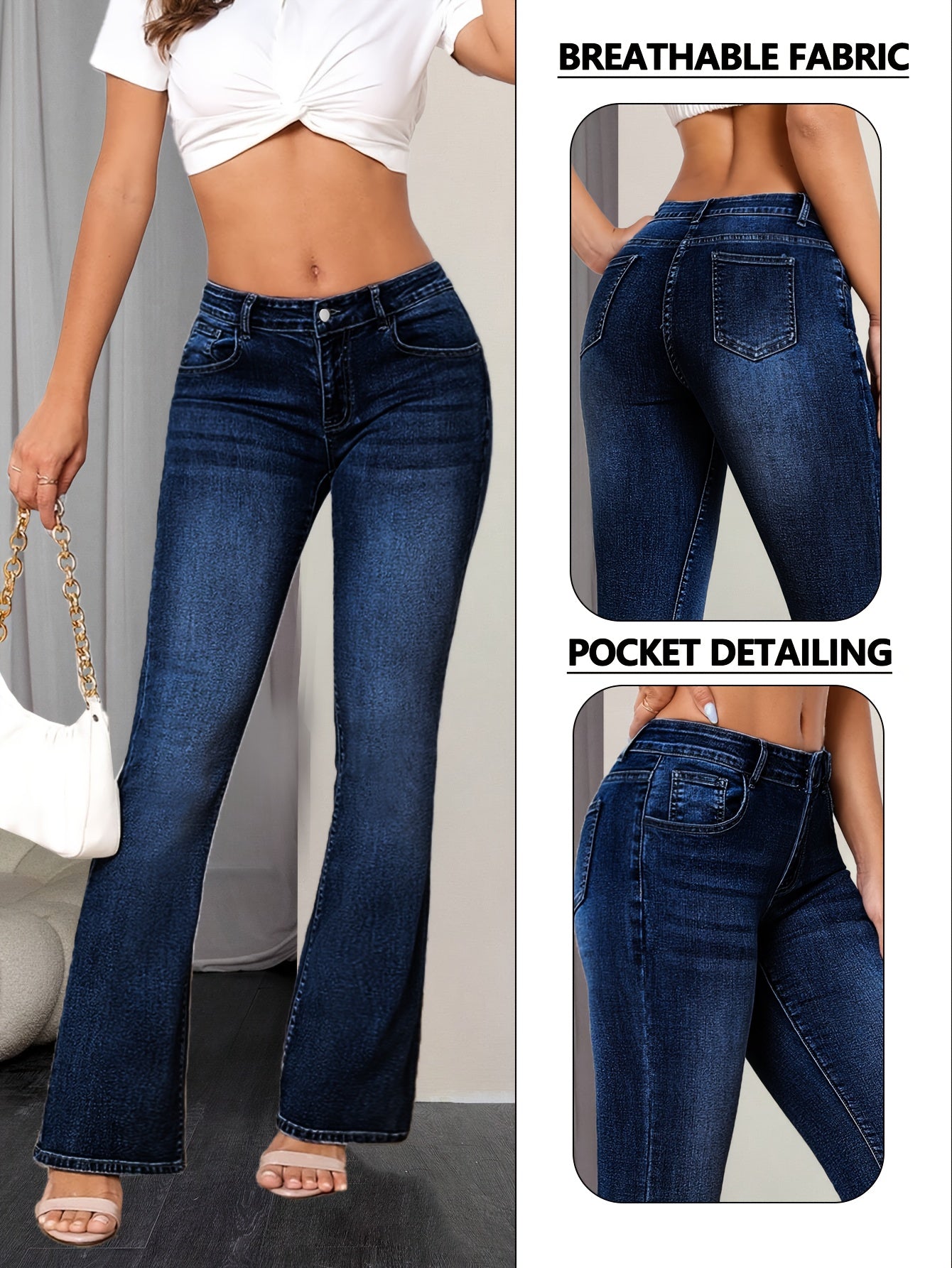Women's Mid-Rise Flare Jeans - Medium Blue Distressed Stretch detail image - detail view 5