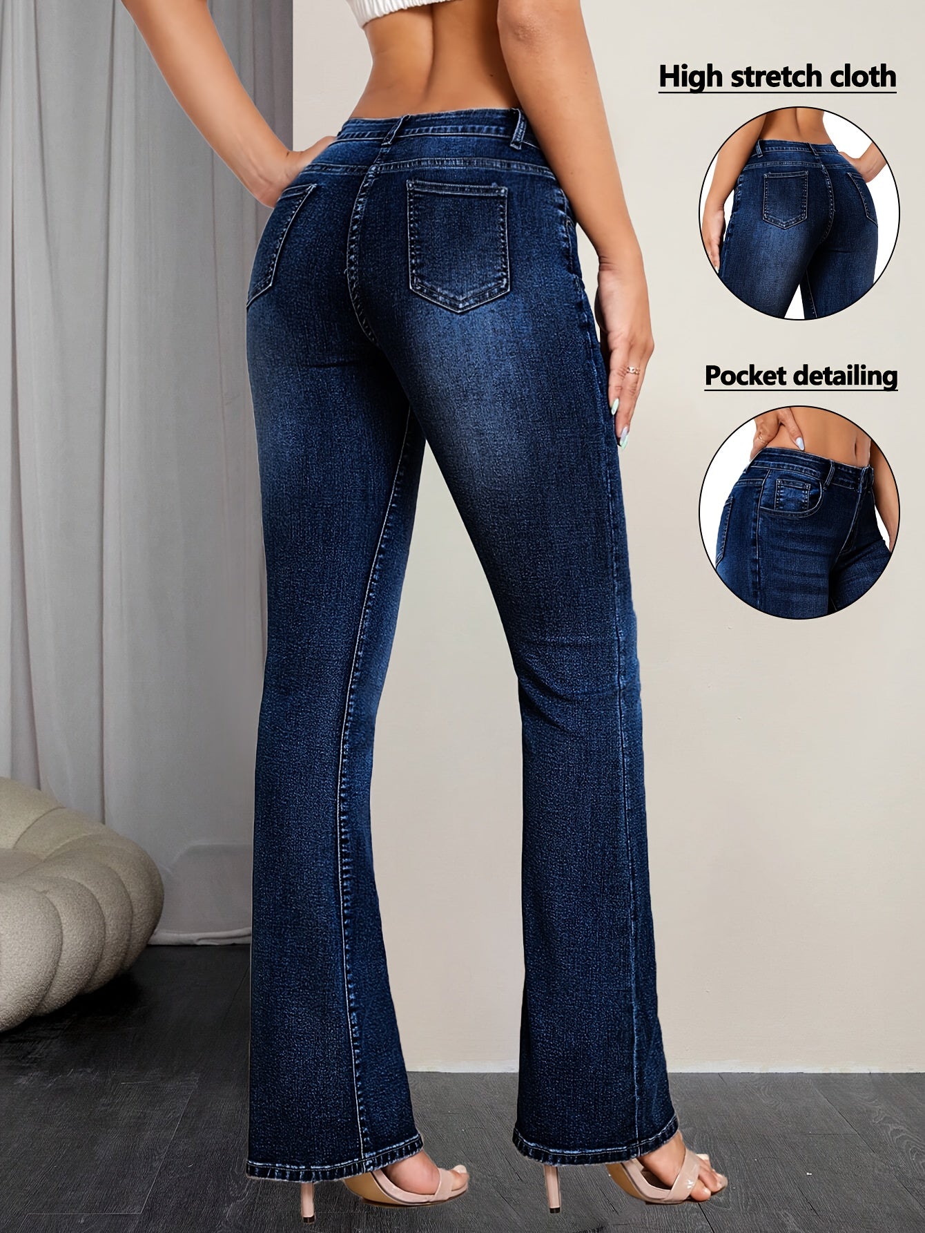 Women's Mid-Rise Flare Jeans - Medium Blue Distressed Stretch detail image - detail view 7