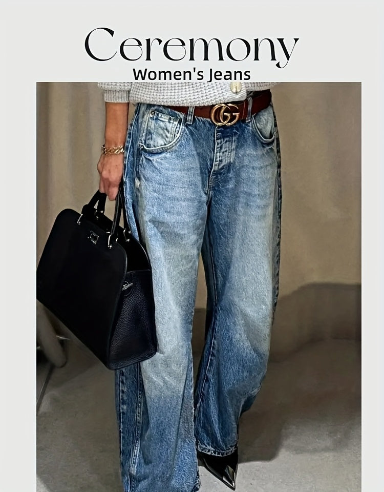 Women's Mid-Rise Wide Leg Jeans - Medium Blue Vintage Wash Stretch detail image - detail view 7