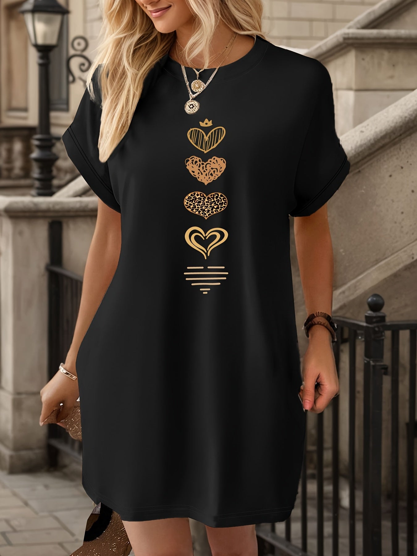 Women's Black Polyester Printed Short-Sleeve T-Shirt Dress - product view 5