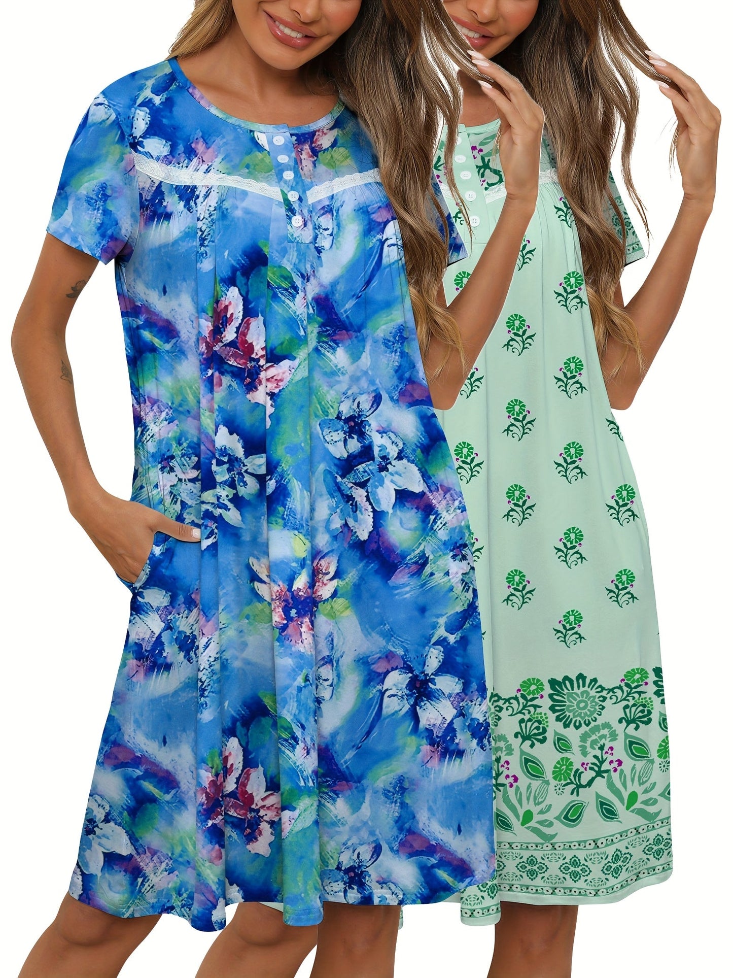 Women's Blue Lace Floral Printed Dress - product view 31