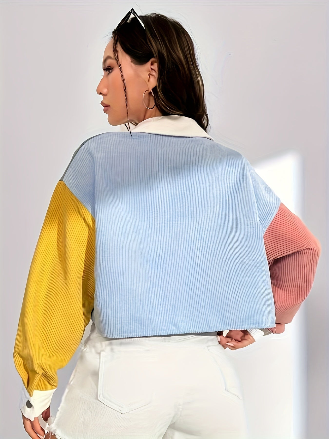 Women's Off-Shoulder Jacket - Color Block Letter Patch detail image