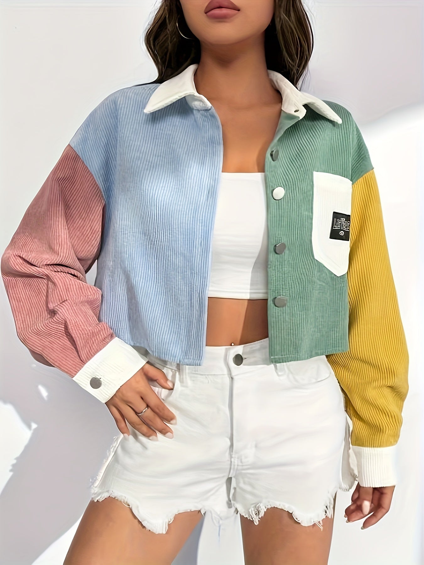 Women's Off-Shoulder Jacket - Color Block Letter Patch detail image - detail view 4