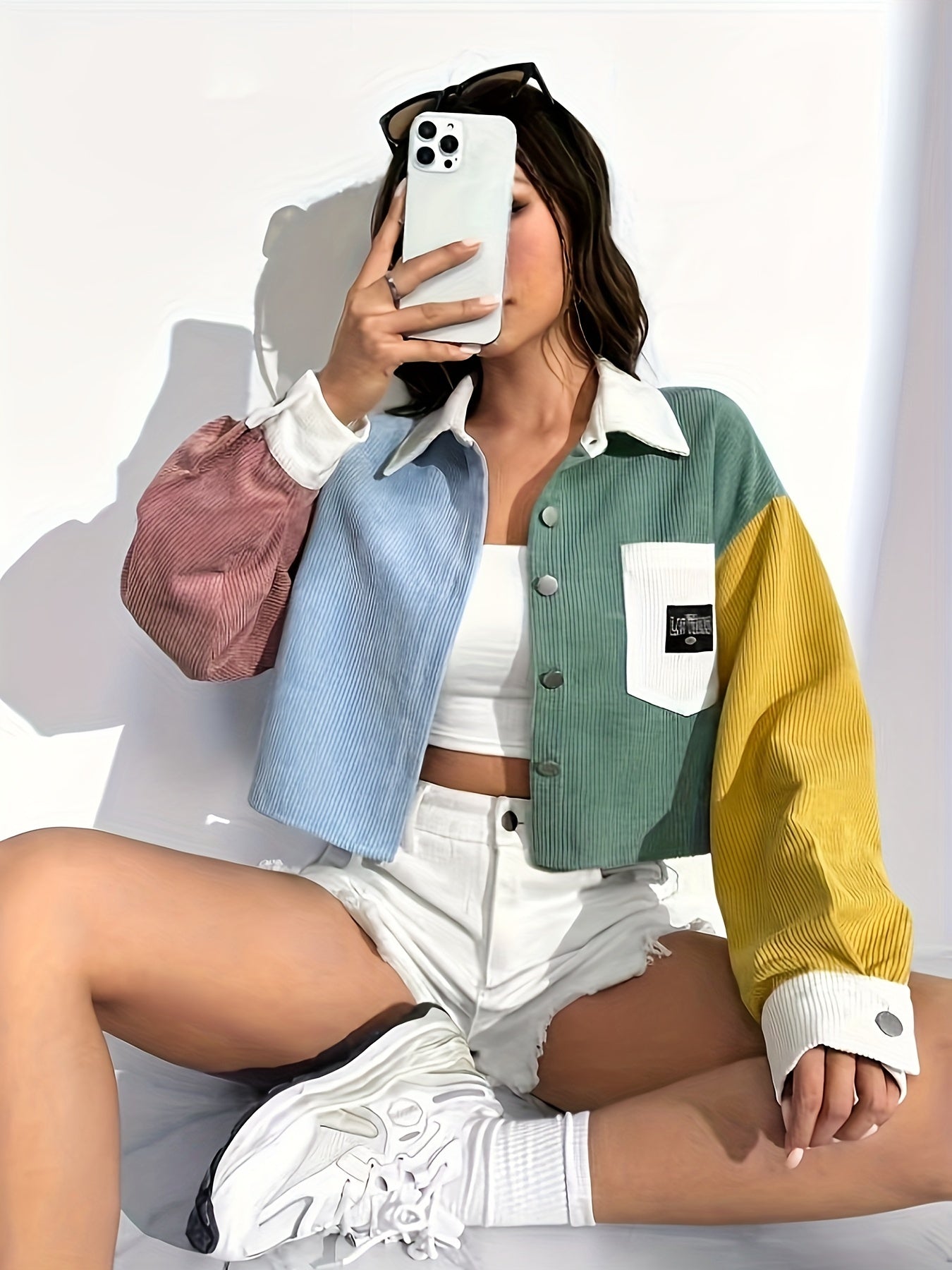 Women's Off-Shoulder Jacket - Color Block Letter Patch detail image - detail view 5
