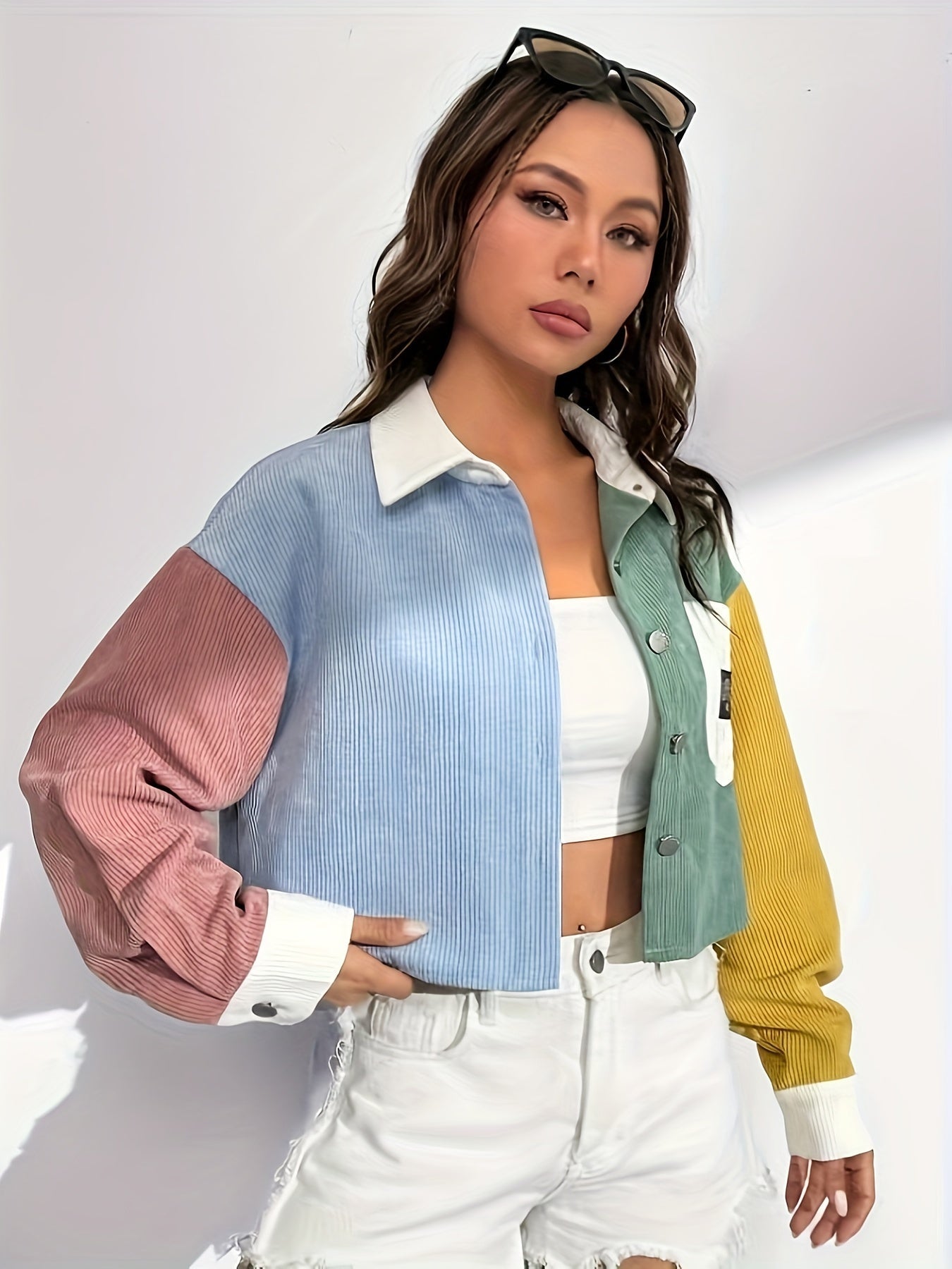Women's Off-Shoulder Jacket - Color Block Letter Patch detail image - detail view 7
