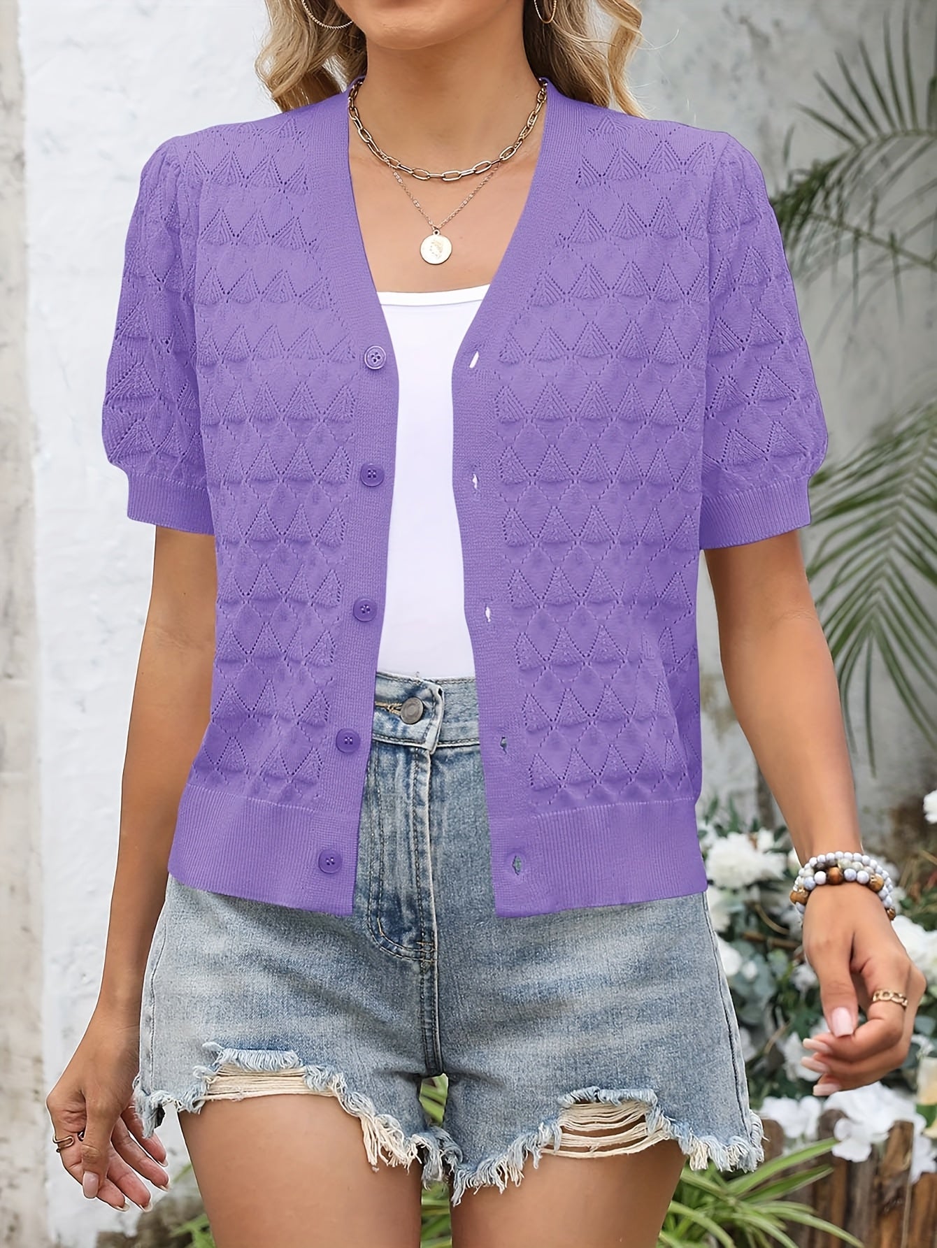 Women's Openwork Denim Open-Front Cardigan Travel 469 detail image - detail view 12