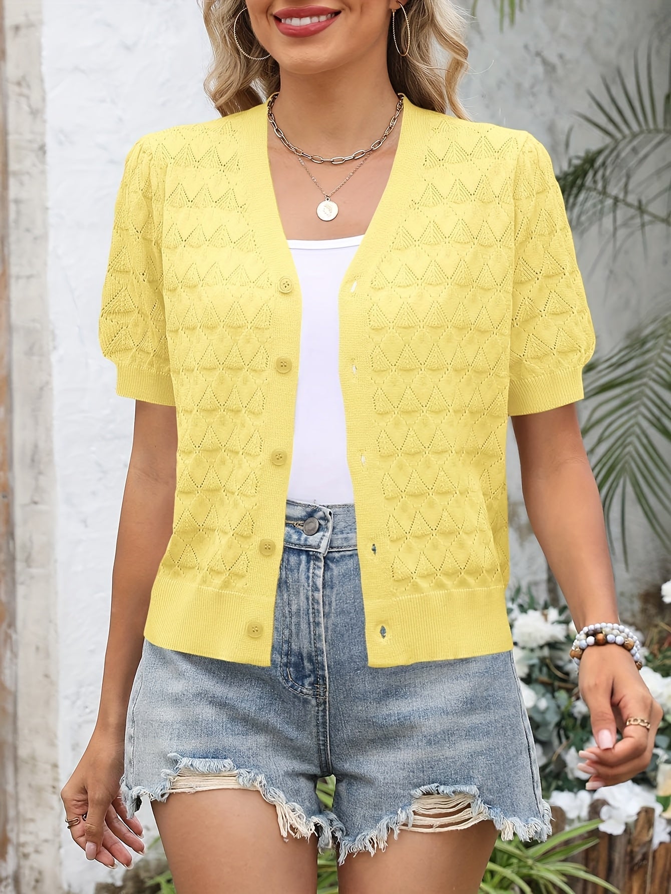 Women's Openwork Denim Open-Front Cardigan Travel 469 detail image