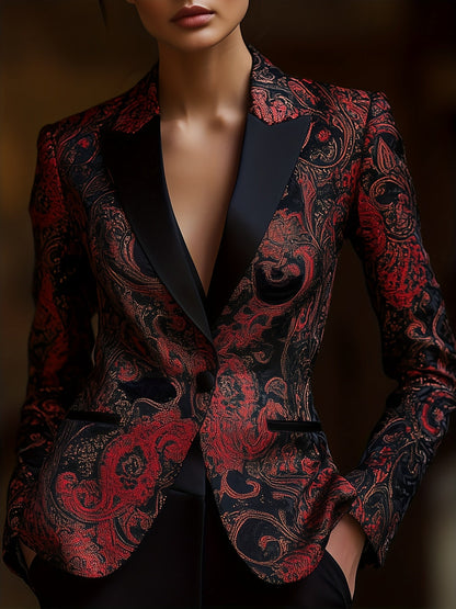 Women's Paisley Print Blazer - Longline Stain-Stitch Detail detail image - detail view 5