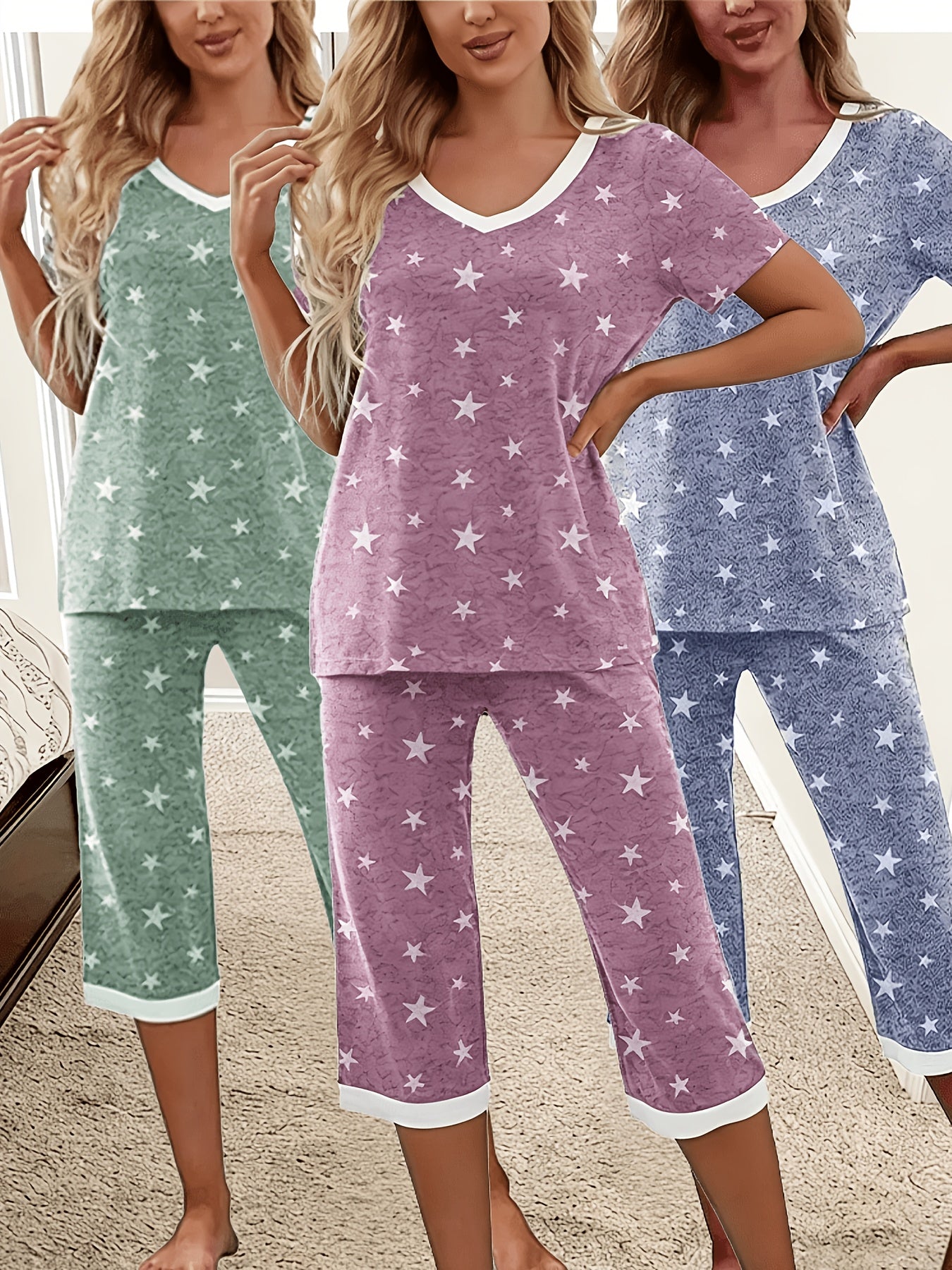 Women's Light Purple Printed V-Neck Outfit Set - product view 9