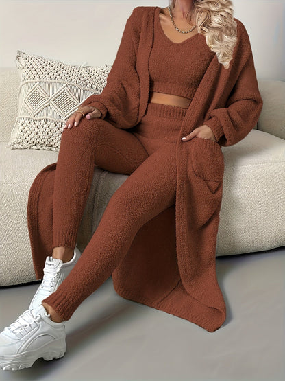 Women's Pajama Set - 3-Piece Solid Color Comfort, Khaki