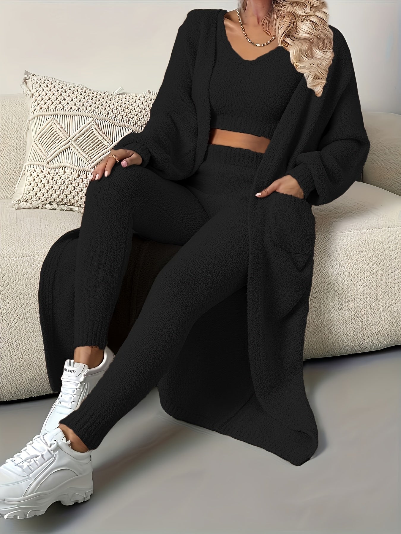 Women's Pajama Set - 3-Piece Solid Color Comfort, Khaki
