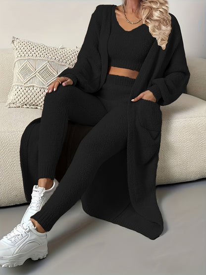 Women's Pajama Set - 3-Piece Solid Color Comfort, Khaki