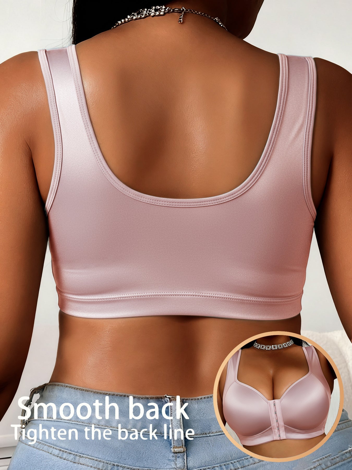 Women's Plus Size Glossy Front Closure Bra - Wireless Wide-Strap Shell Detail