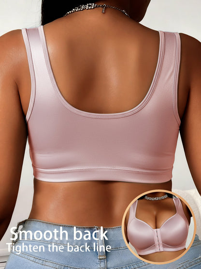 Women's Plus Size Glossy Front Closure Bra - Wireless Wide-Strap Shell Detail