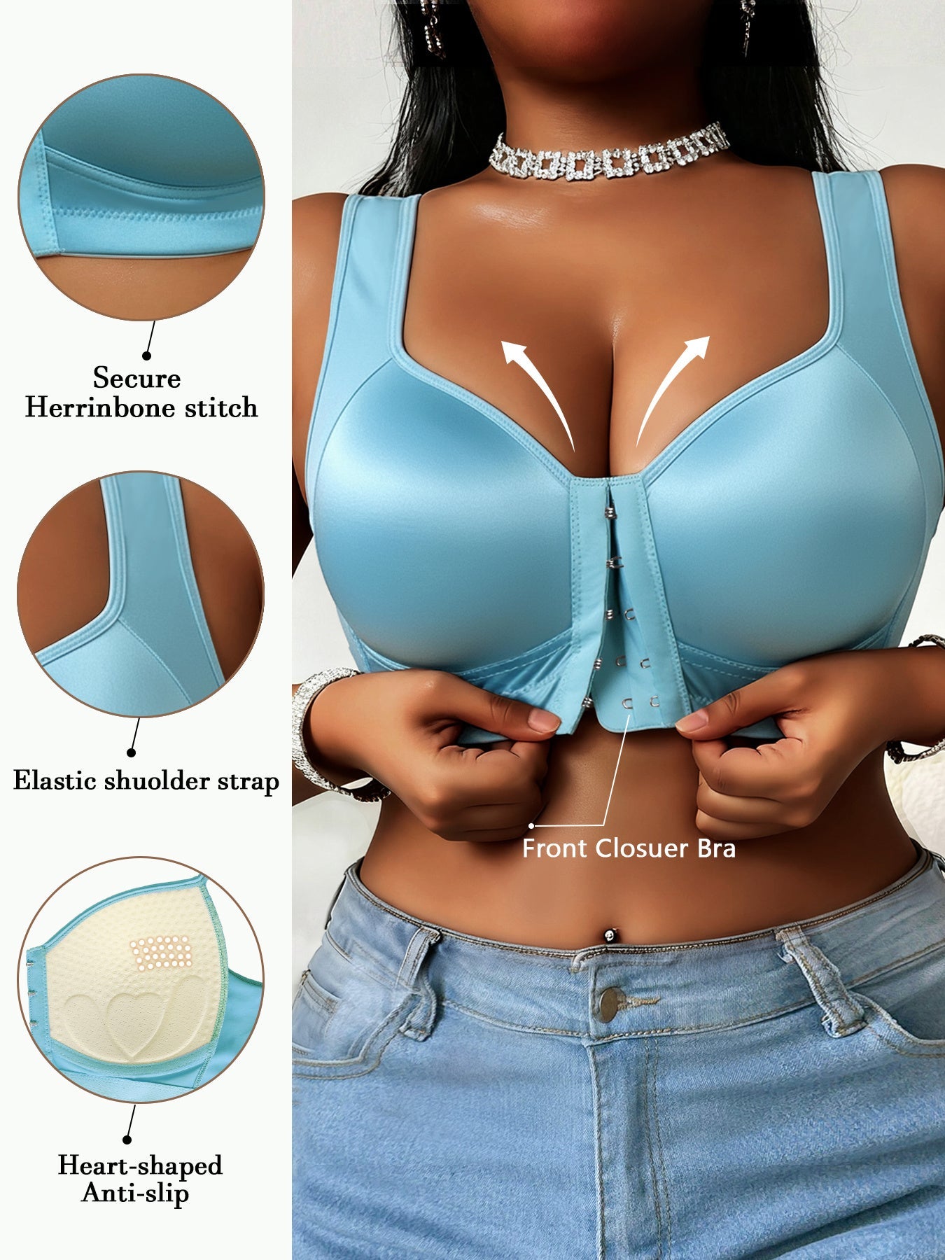 Women's Plus Size Glossy Front Closure Bra - Wireless Wide-Strap Shell Detail