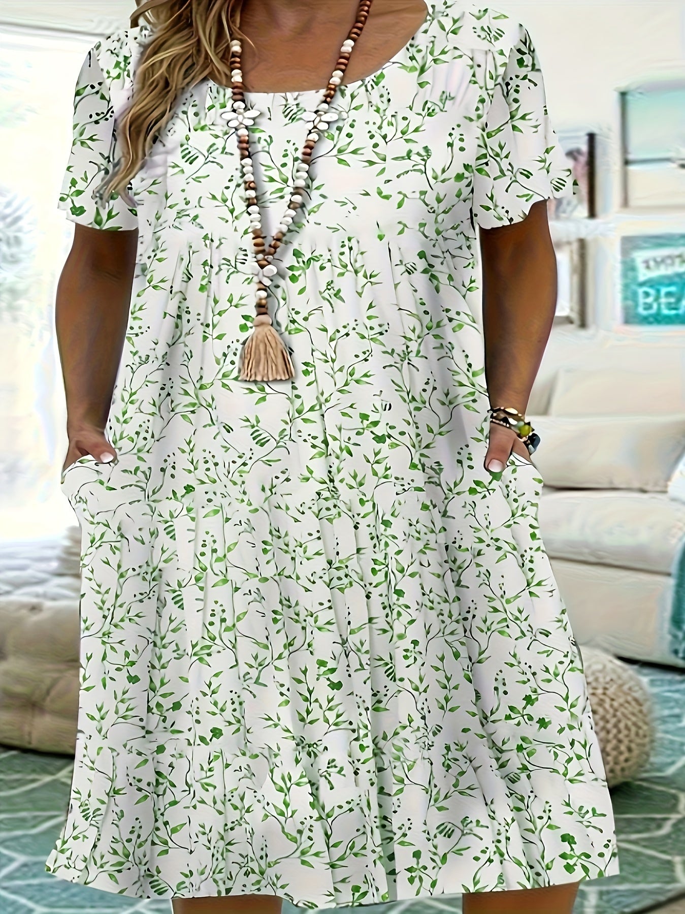 Women's Printed Crew Neck Midi Casual Dress - Short Sleeve Easy Styling detail image - detail view 8