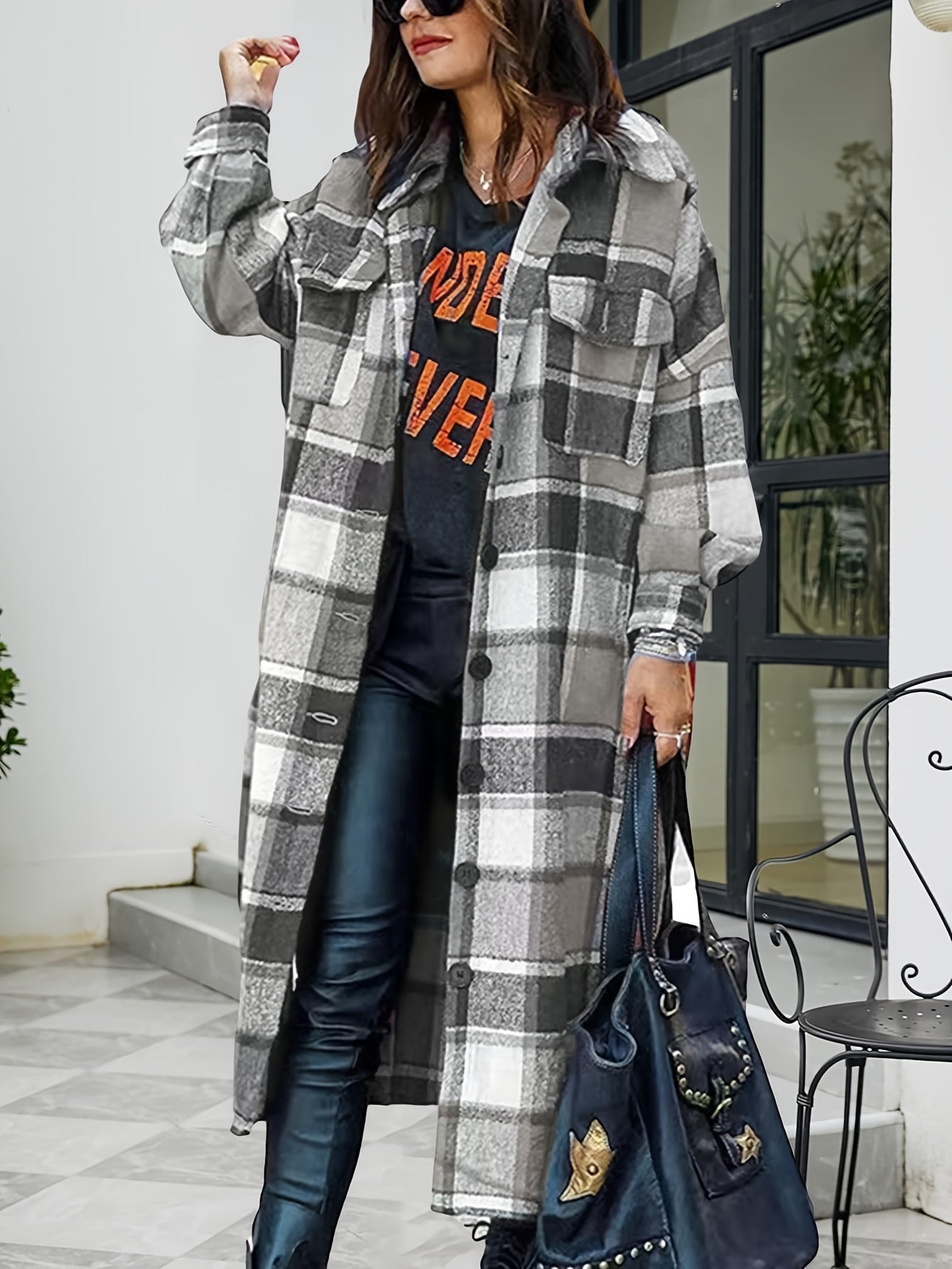 Women's Relaxed Plaid Button-Front Shacket detail image - detail view 3