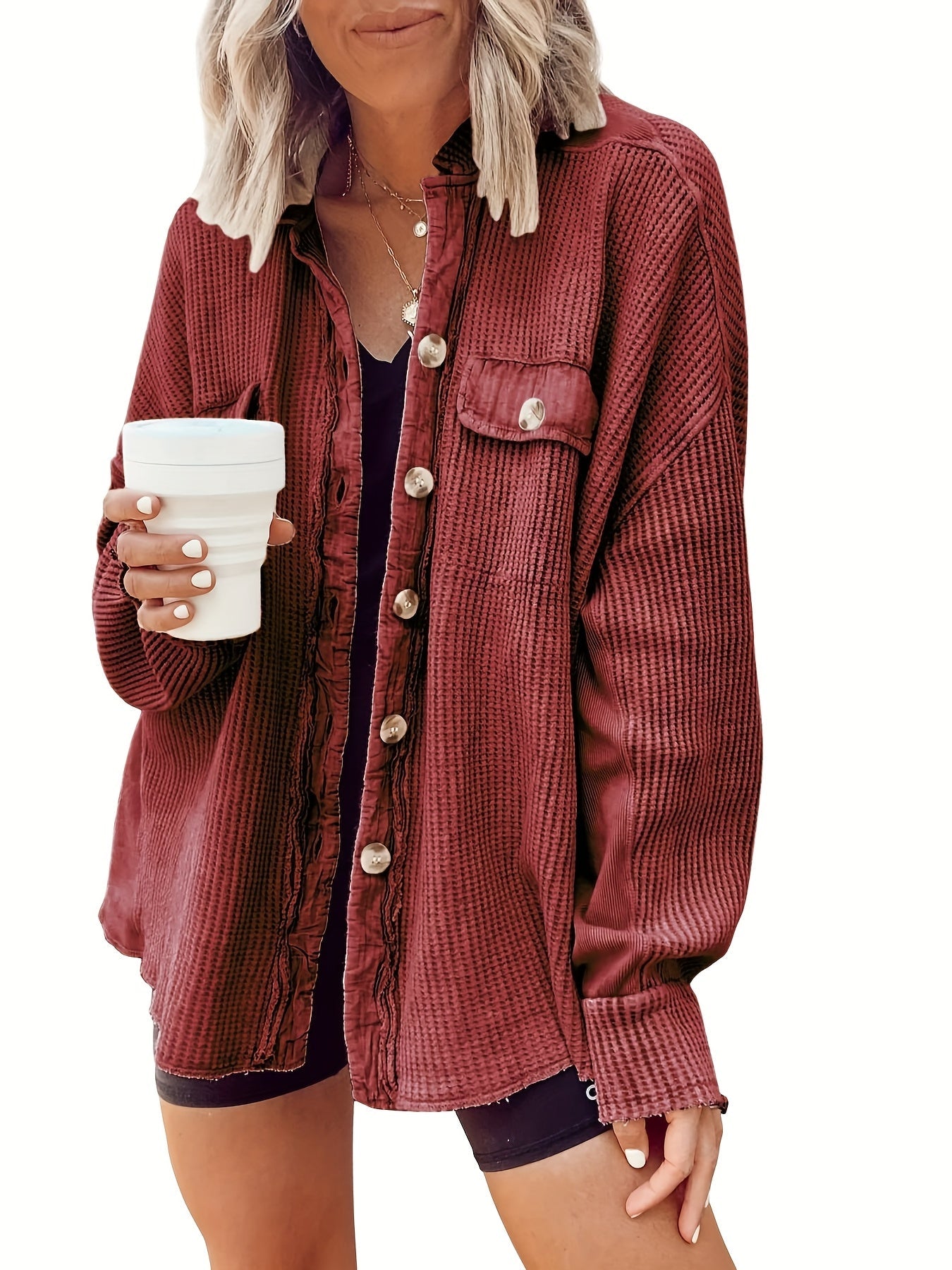 Women's Coffee Brown Knit Oversized Jacket - product view 17
