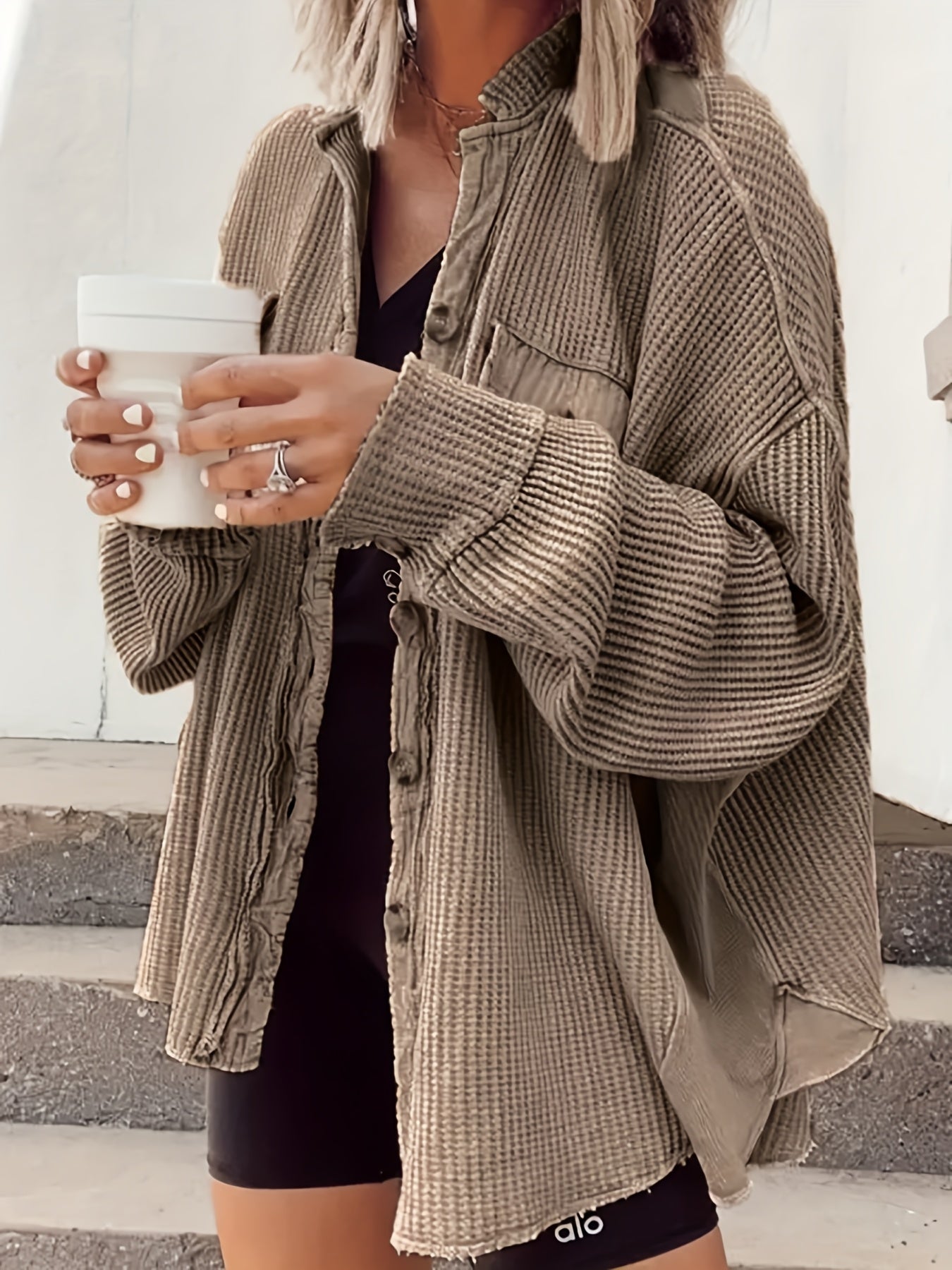 Women's Coffee Brown Knit Oversized Jacket - product view 8