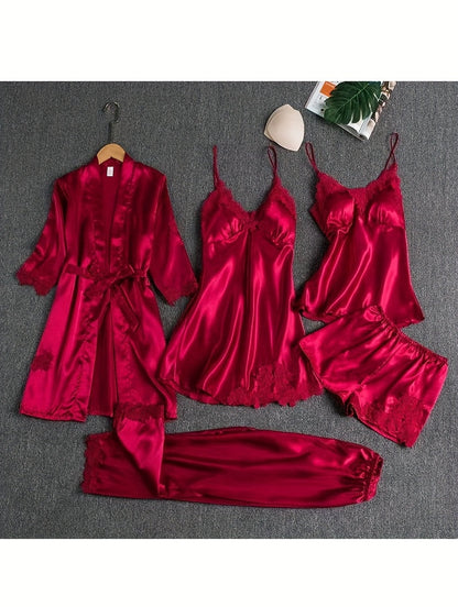 Women's Satin Pajama Set - 6-Piece Lace Loungewear