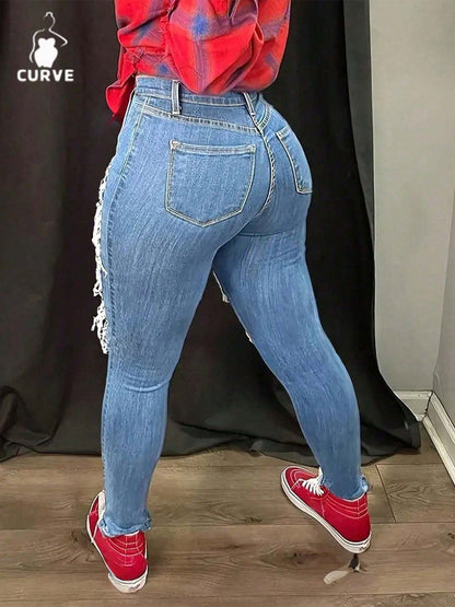 Women's Skinny Jeans - Medium Blue Distressed